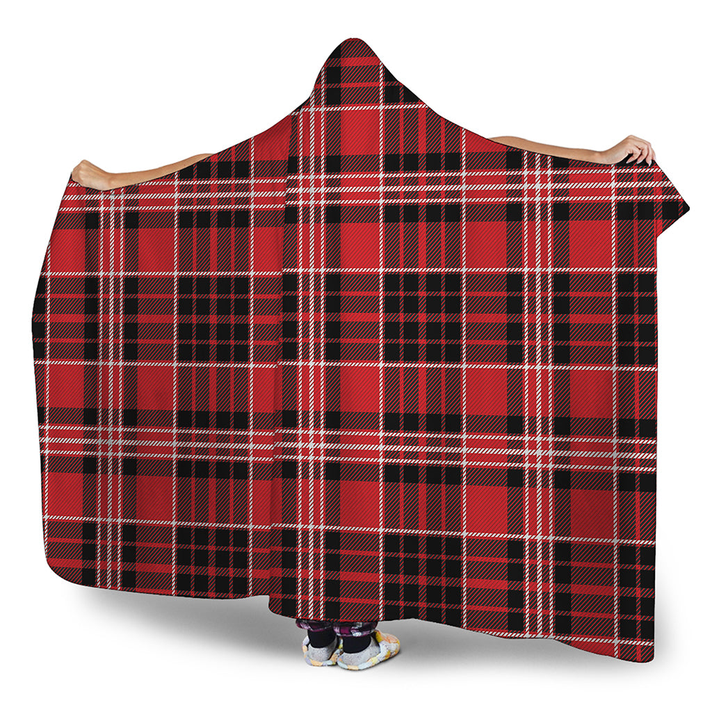 Red Black And White Scottish Plaid Print Hooded Blanket