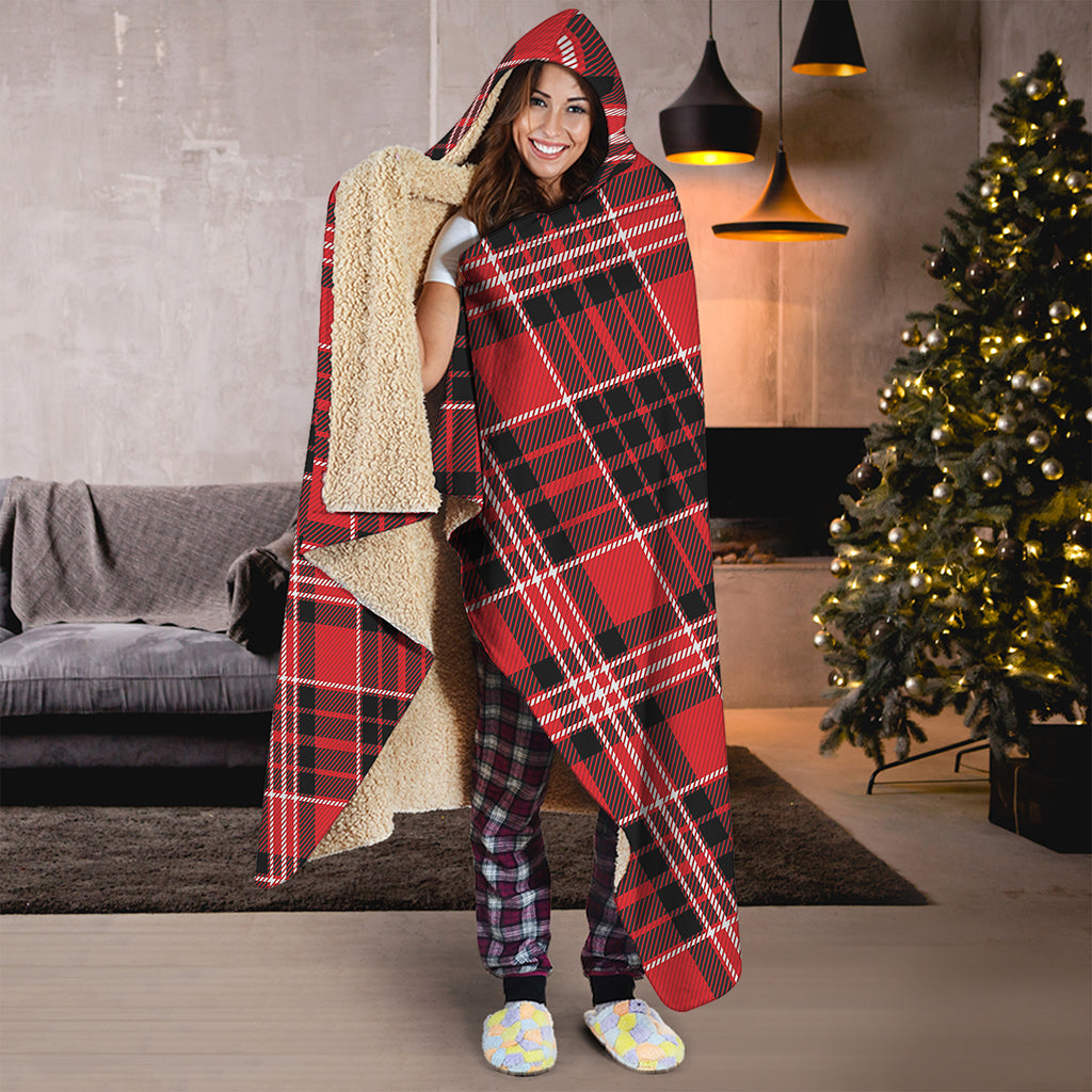 Red Black And White Scottish Plaid Print Hooded Blanket