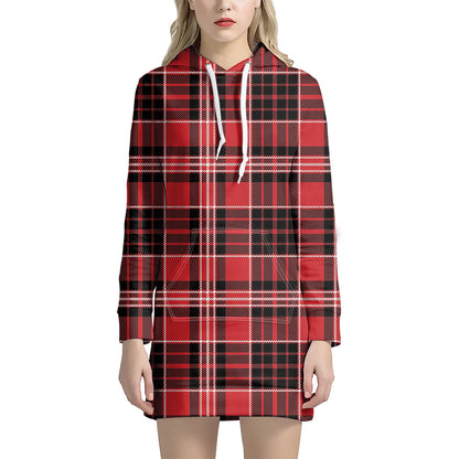 Red Black And White Scottish Plaid Print Hoodie Dress