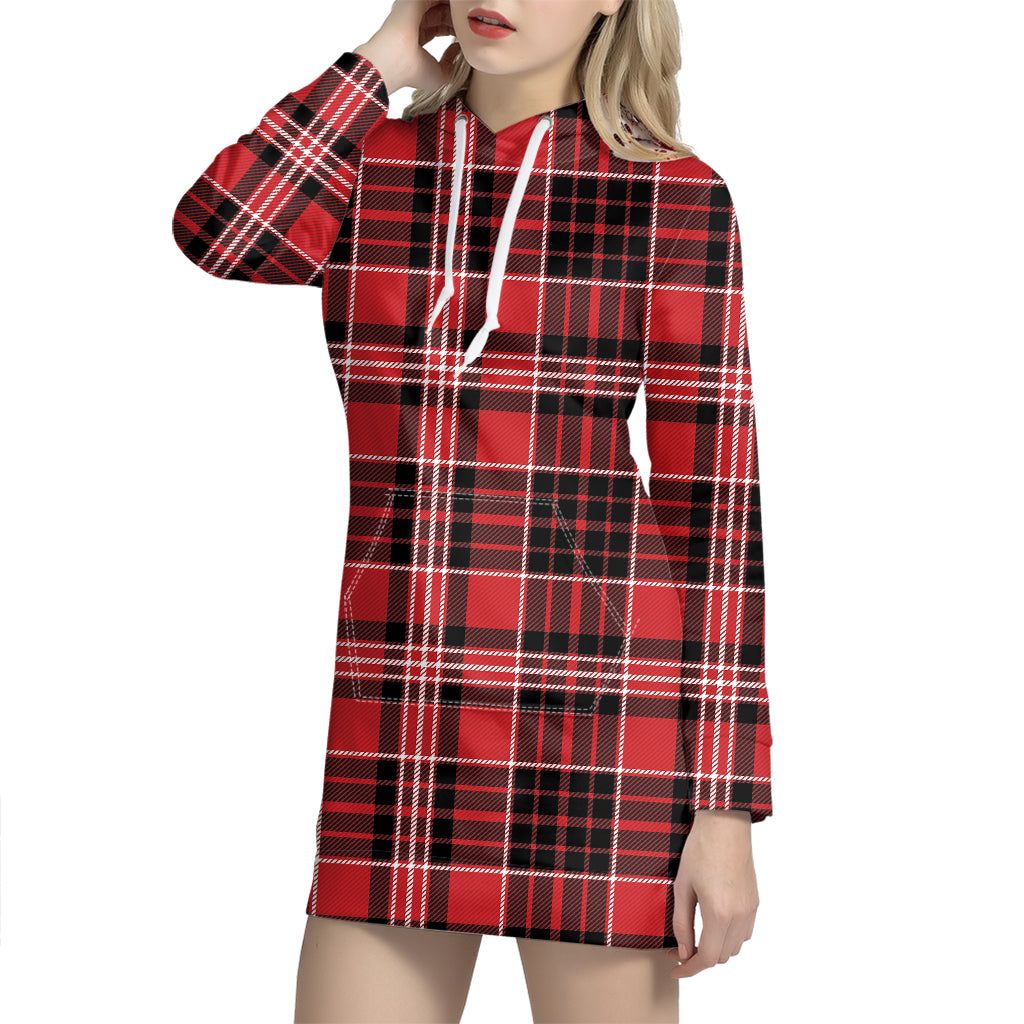 Red Black And White Scottish Plaid Print Hoodie Dress