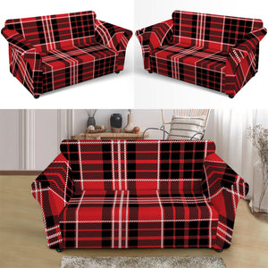 Red Black And White Scottish Plaid Print Loveseat Slipcover