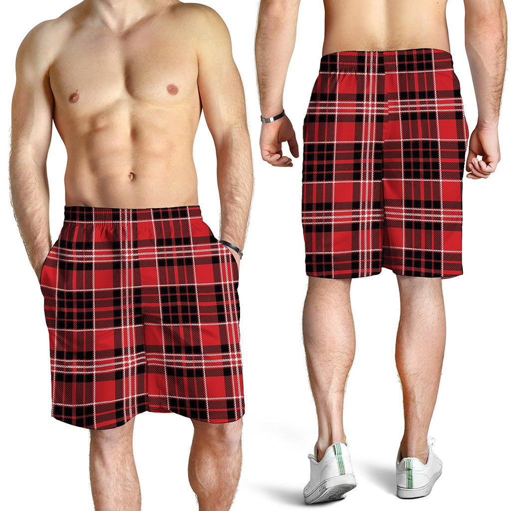Red Black And White Scottish Plaid Print Men's Shorts