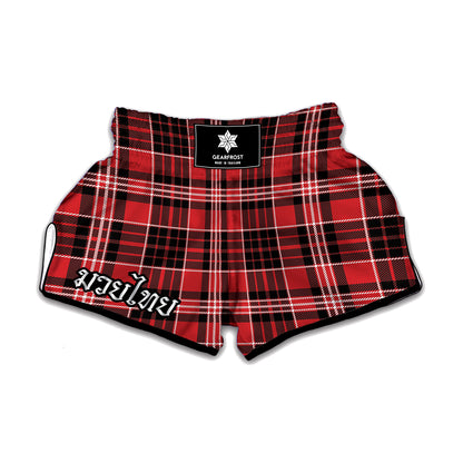 Red Black And White Scottish Plaid Print Muay Thai Boxing Shorts