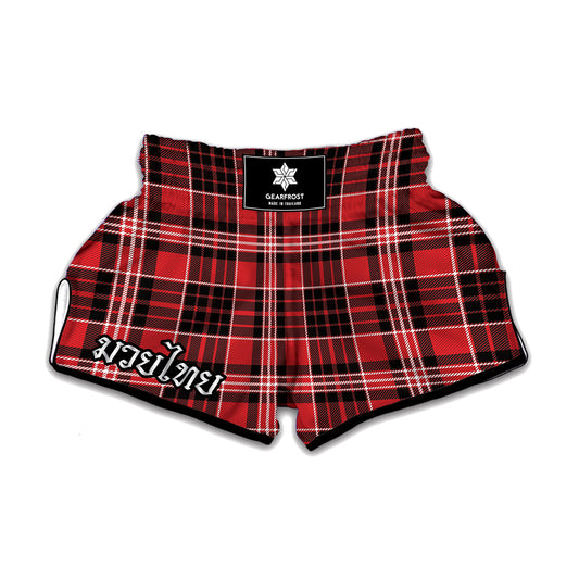 Red Black And White Scottish Plaid Print Muay Thai Boxing Shorts