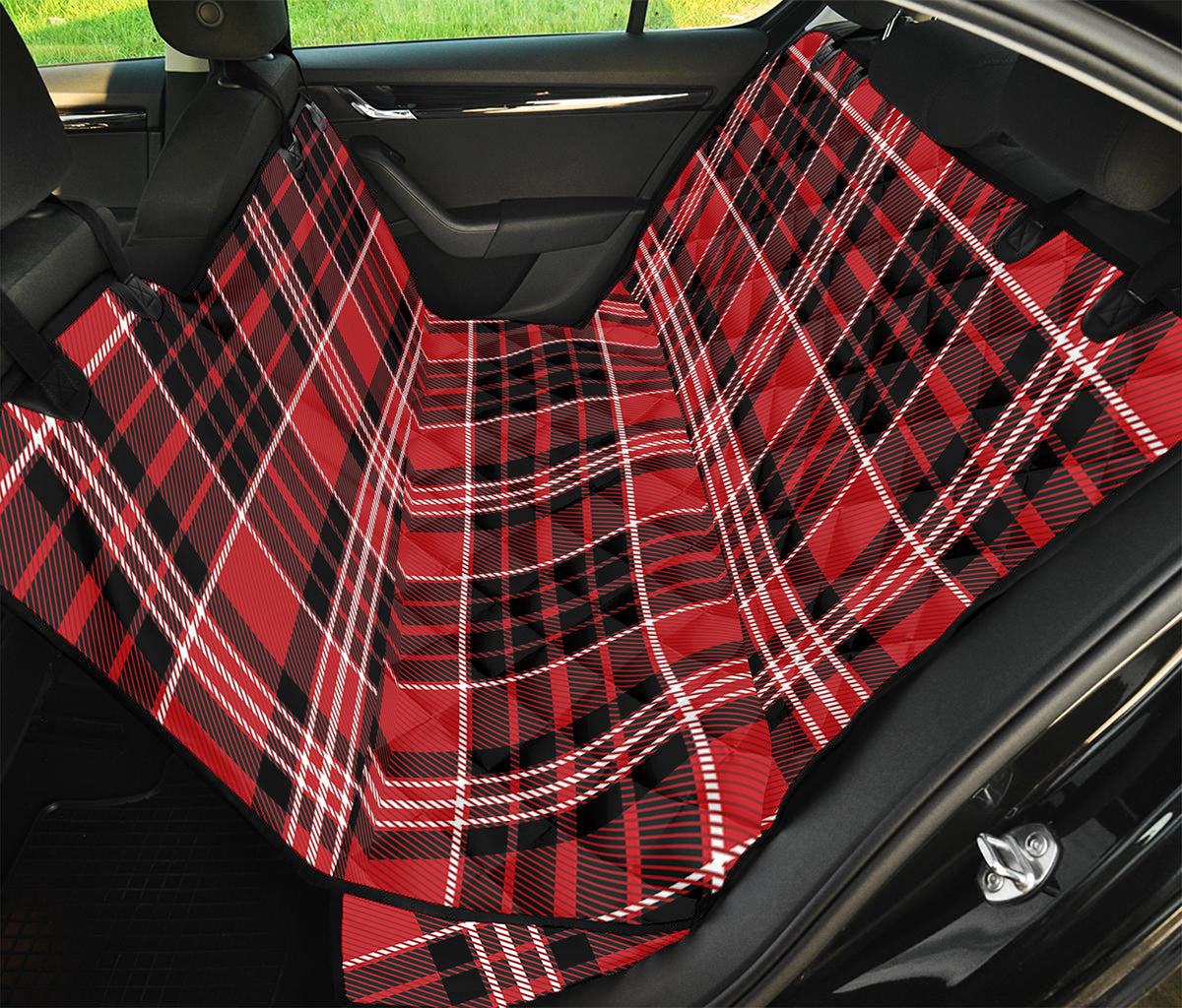 Red Black And White Scottish Plaid Print Pet Car Back Seat Cover