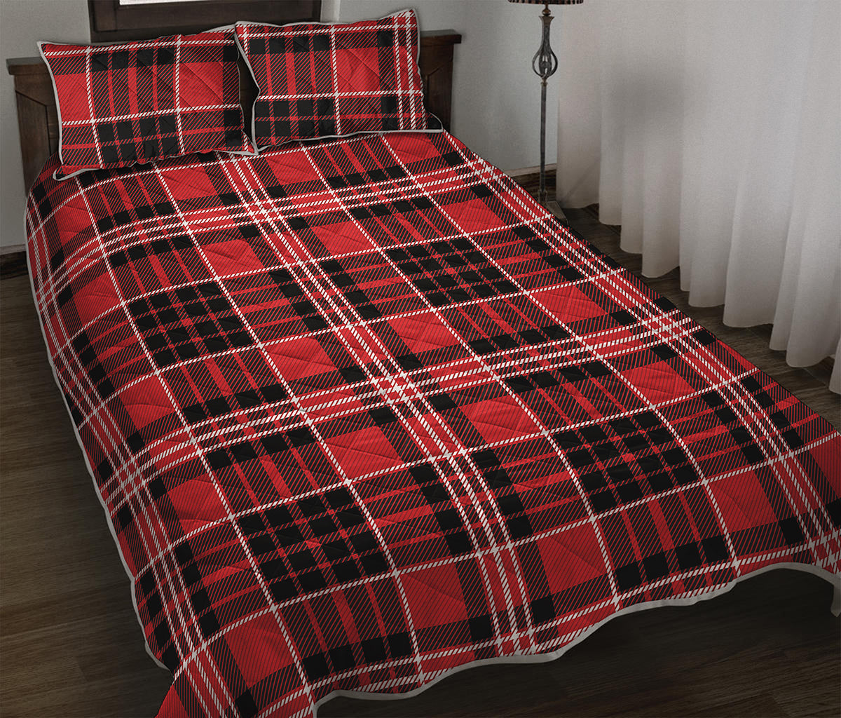 Red Black And White Scottish Plaid Print Quilt Bed Set