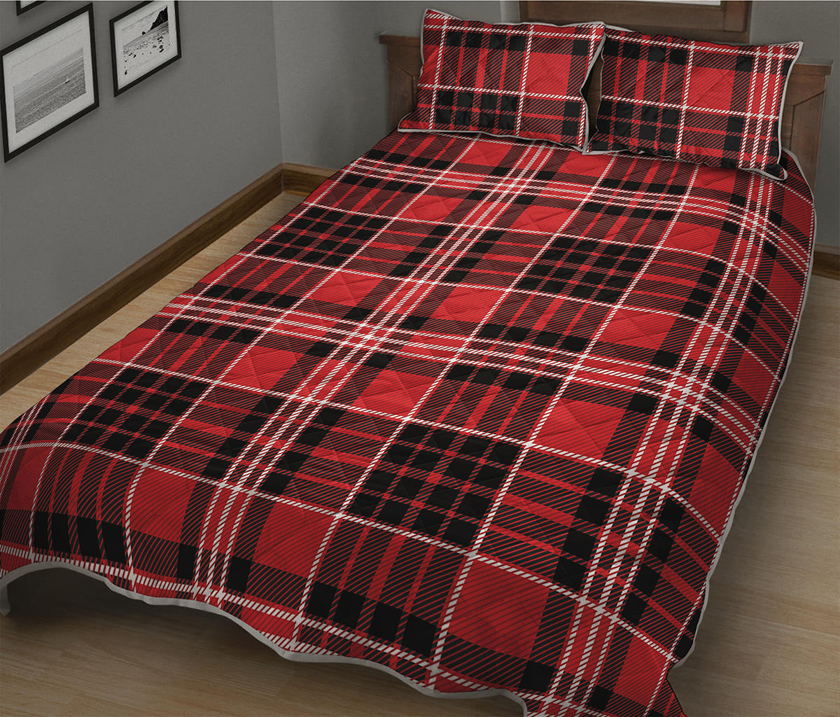 Red Black And White Scottish Plaid Print Quilt Bed Set
