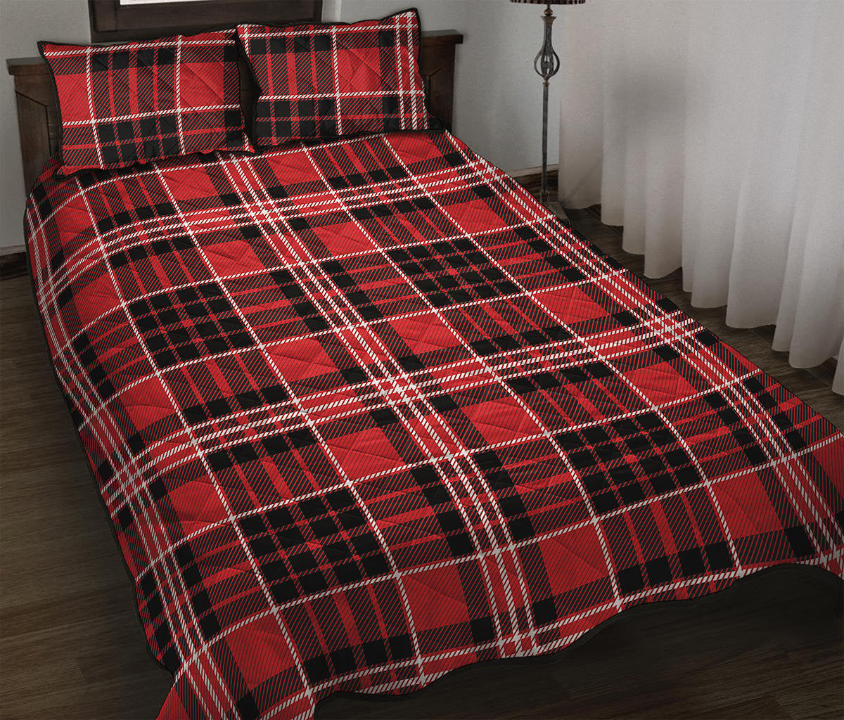 Red Black And White Scottish Plaid Print Quilt Bed Set