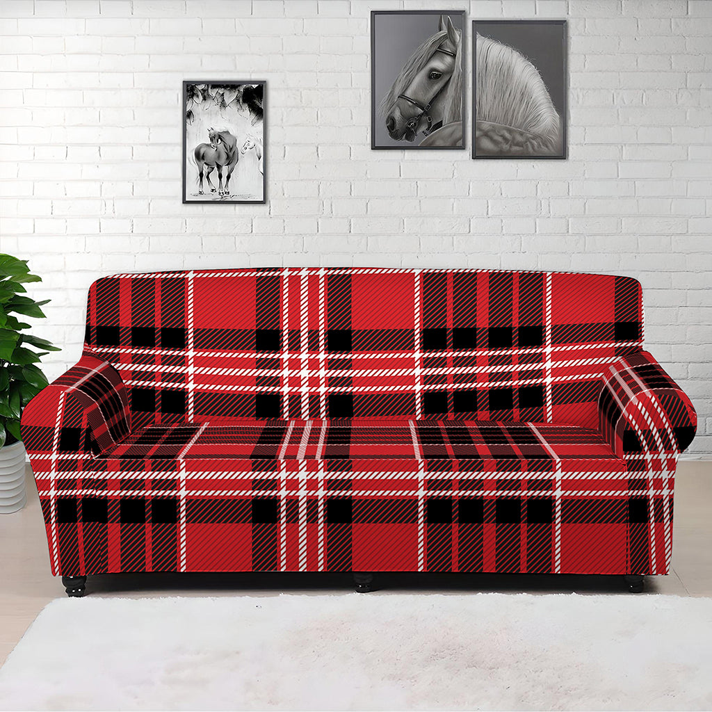 Red Black And White Scottish Plaid Print Sofa Cover