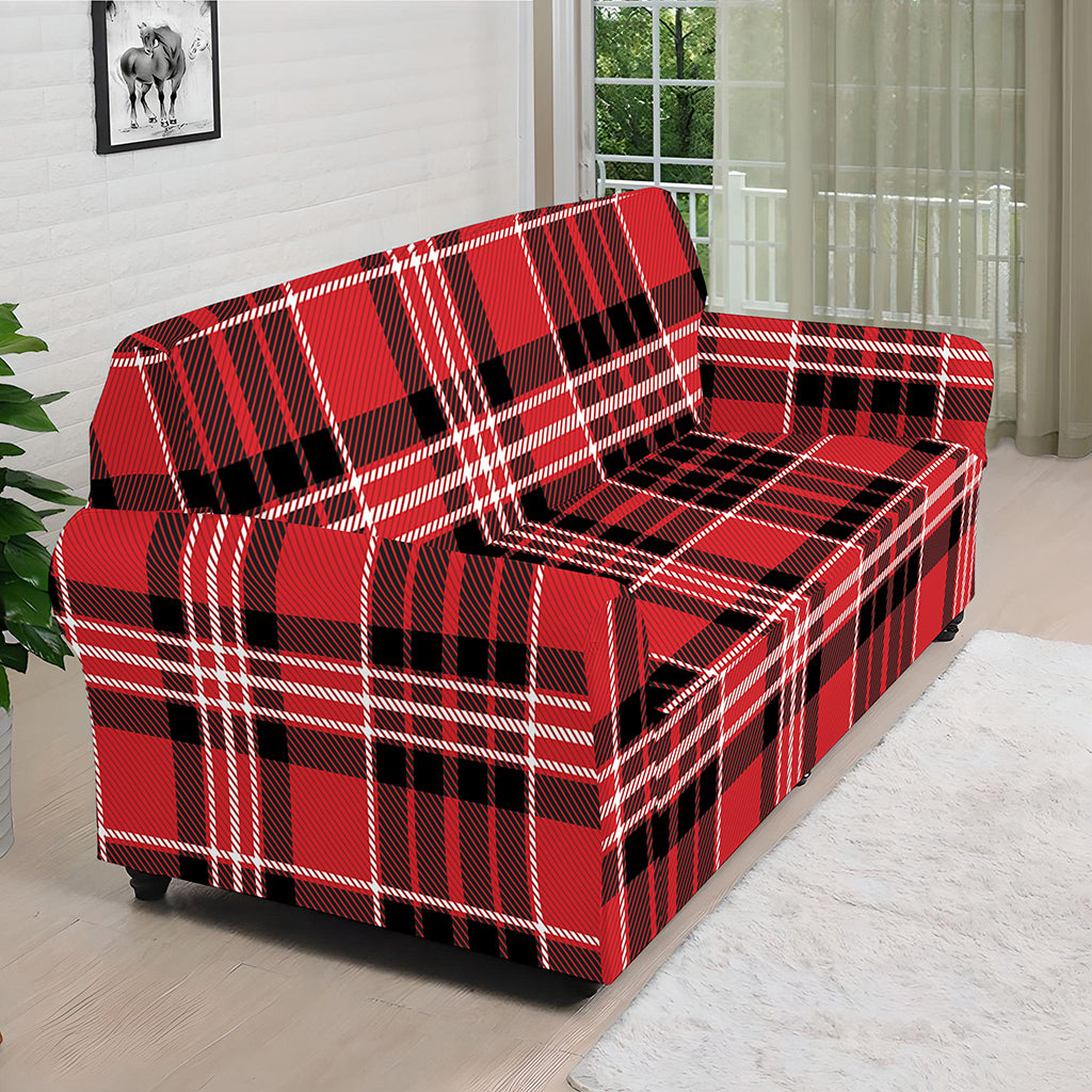 Red Black And White Scottish Plaid Print Sofa Cover