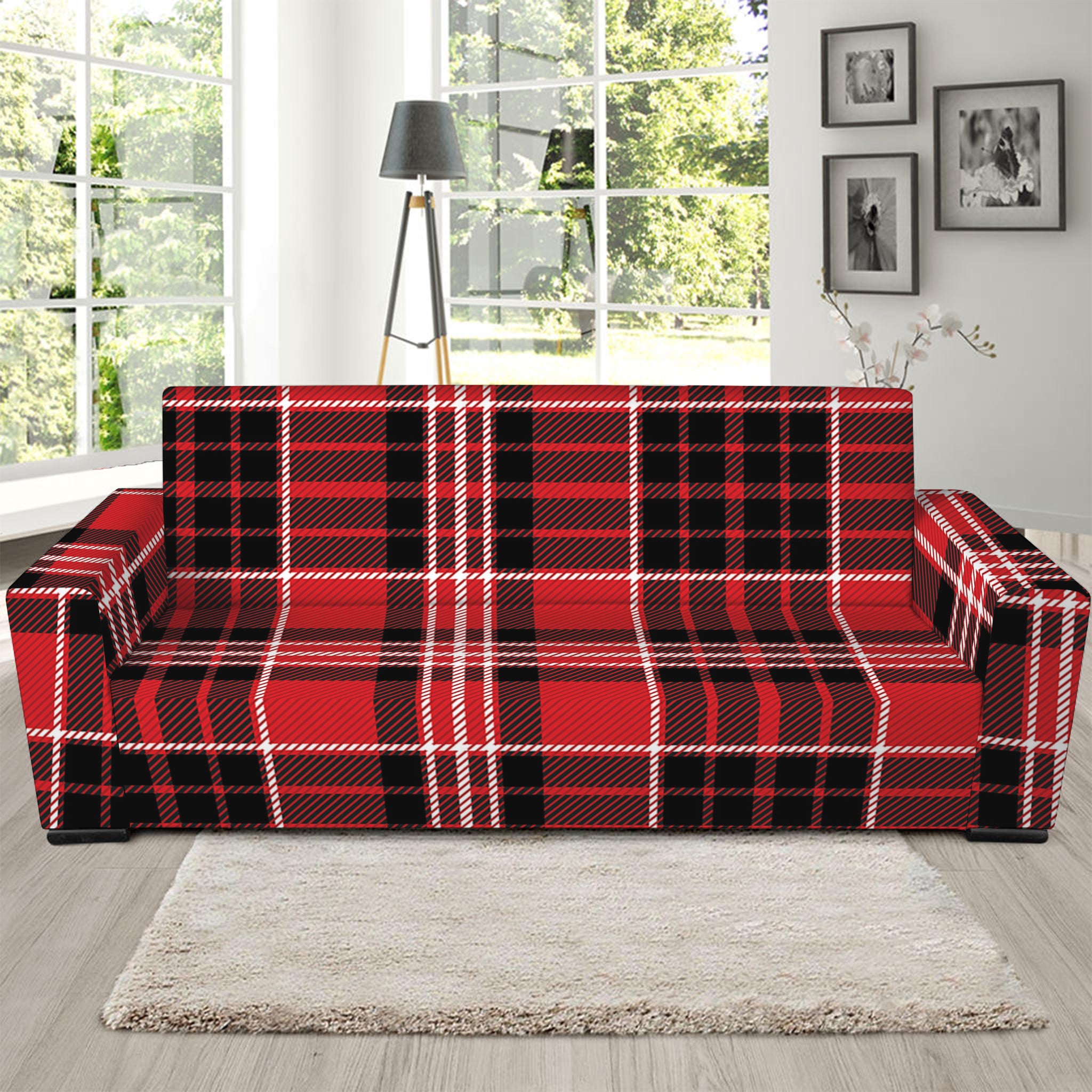 Red Black And White Scottish Plaid Print Sofa Slipcover