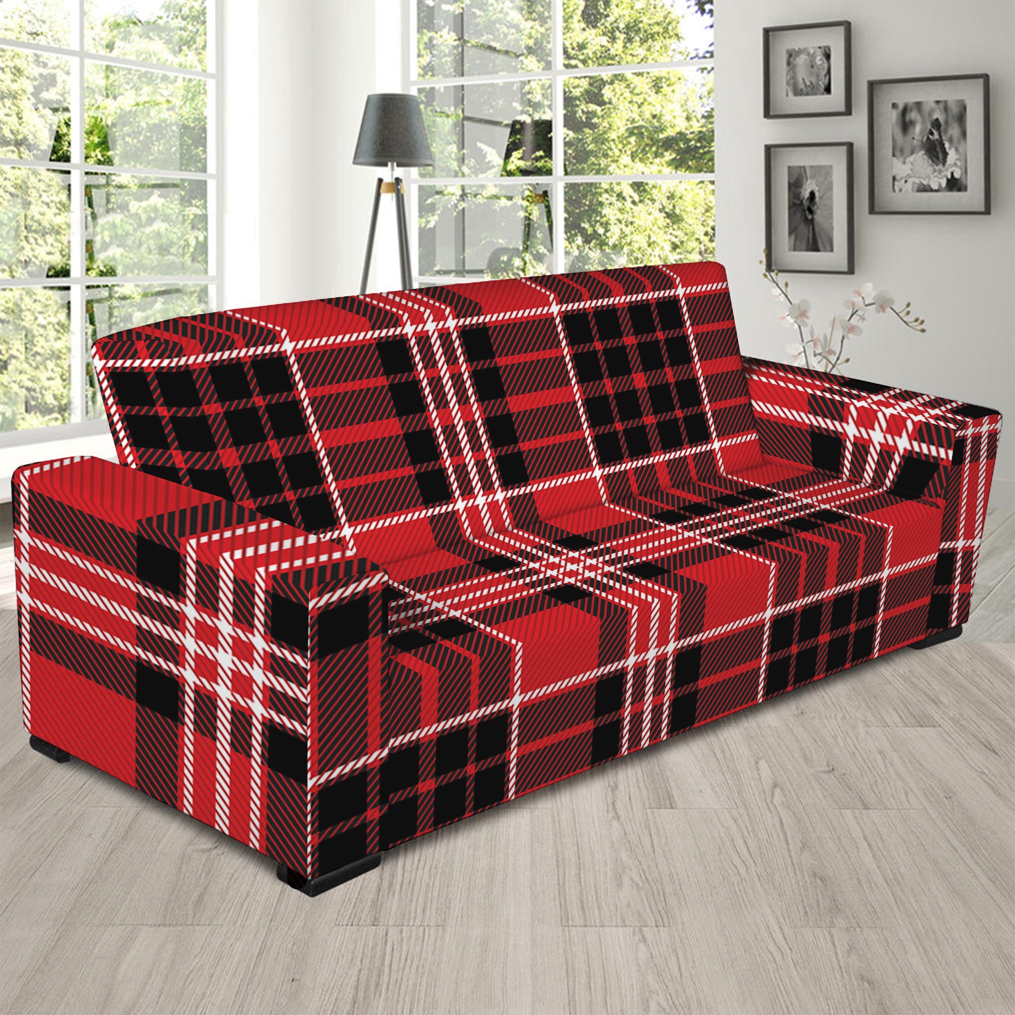 Red Black And White Scottish Plaid Print Sofa Slipcover