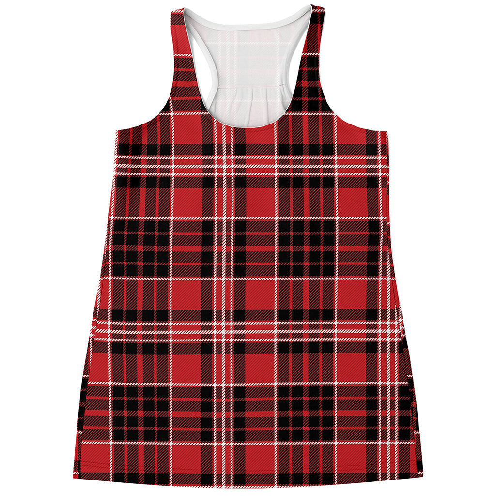 Red Black And White Scottish Plaid Print Women's Racerback Tank Top