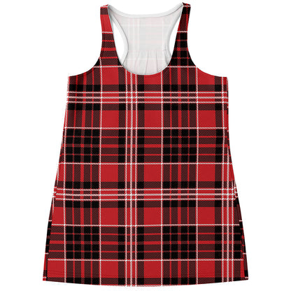 Red Black And White Scottish Plaid Print Women's Racerback Tank Top