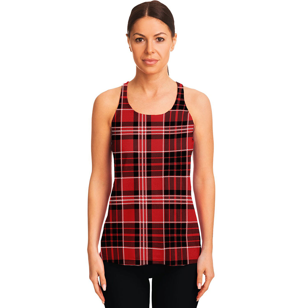 Red Black And White Scottish Plaid Print Women's Racerback Tank Top