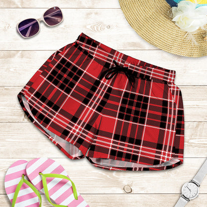 Red Black And White Scottish Plaid Print Women's Shorts