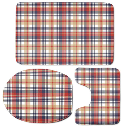 Red Blue And Beige Madras Plaid Print 3 Piece Bath Mat Set