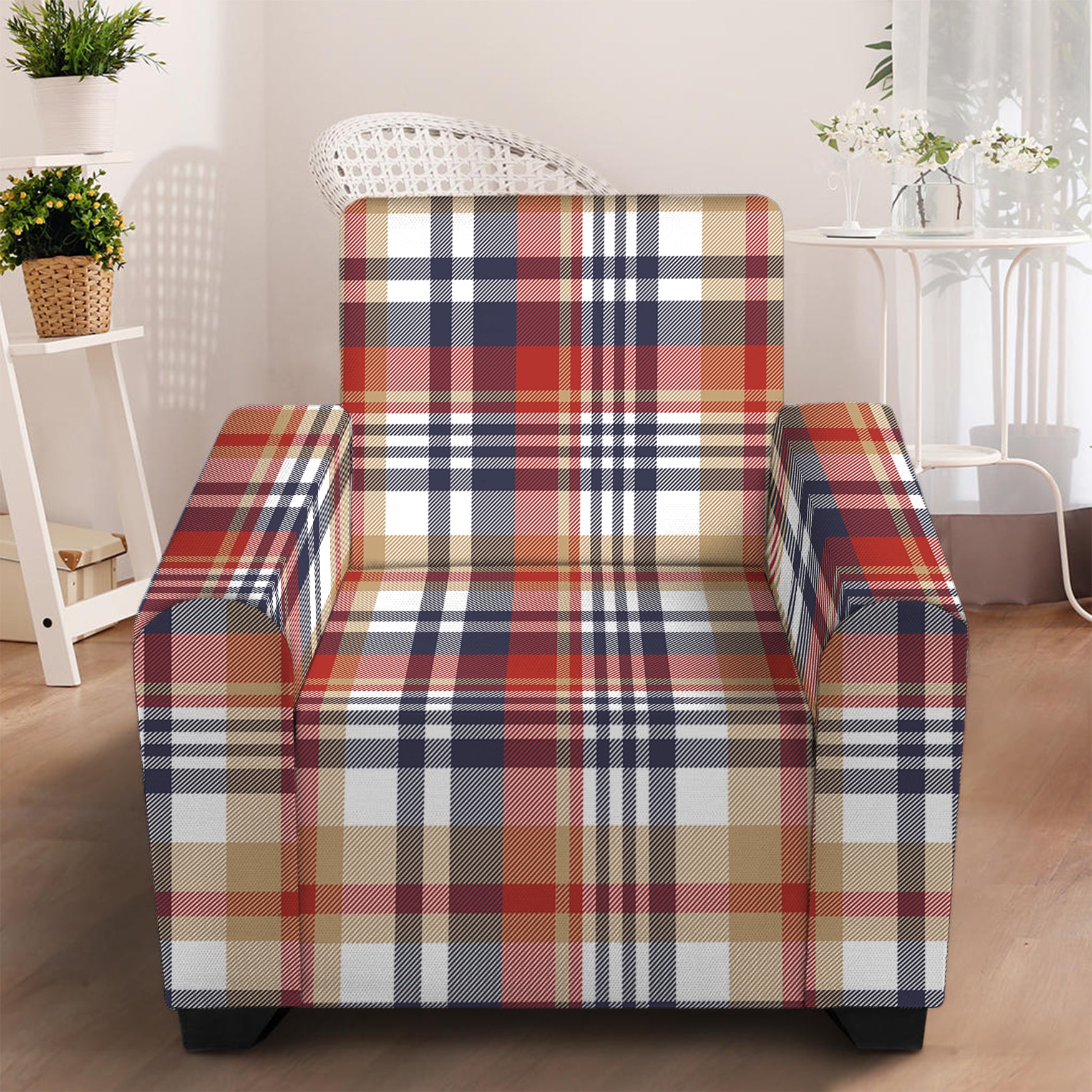 Red Blue And Beige Madras Plaid Print Armchair Slipcover