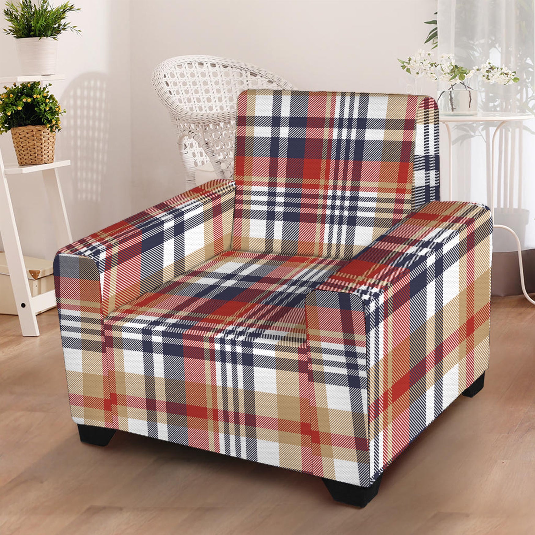 Red Blue And Beige Madras Plaid Print Armchair Slipcover