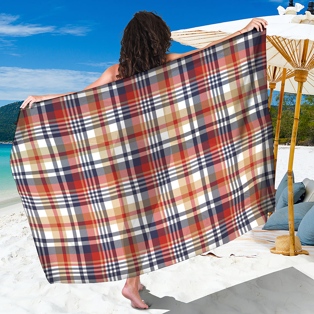 Red Blue And Beige Madras Plaid Print Beach Sarong Wrap