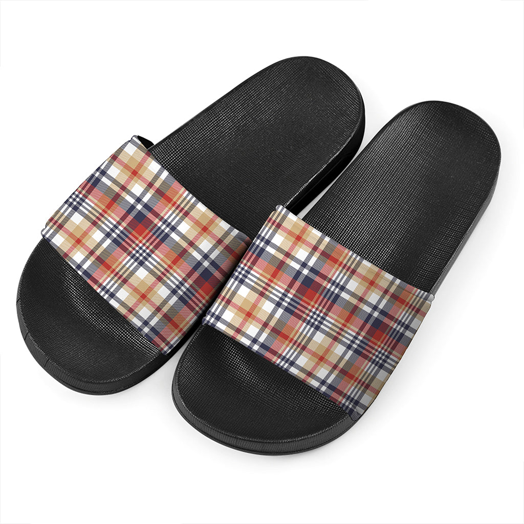 Red Blue And Beige Madras Plaid Print Black Slide Sandals