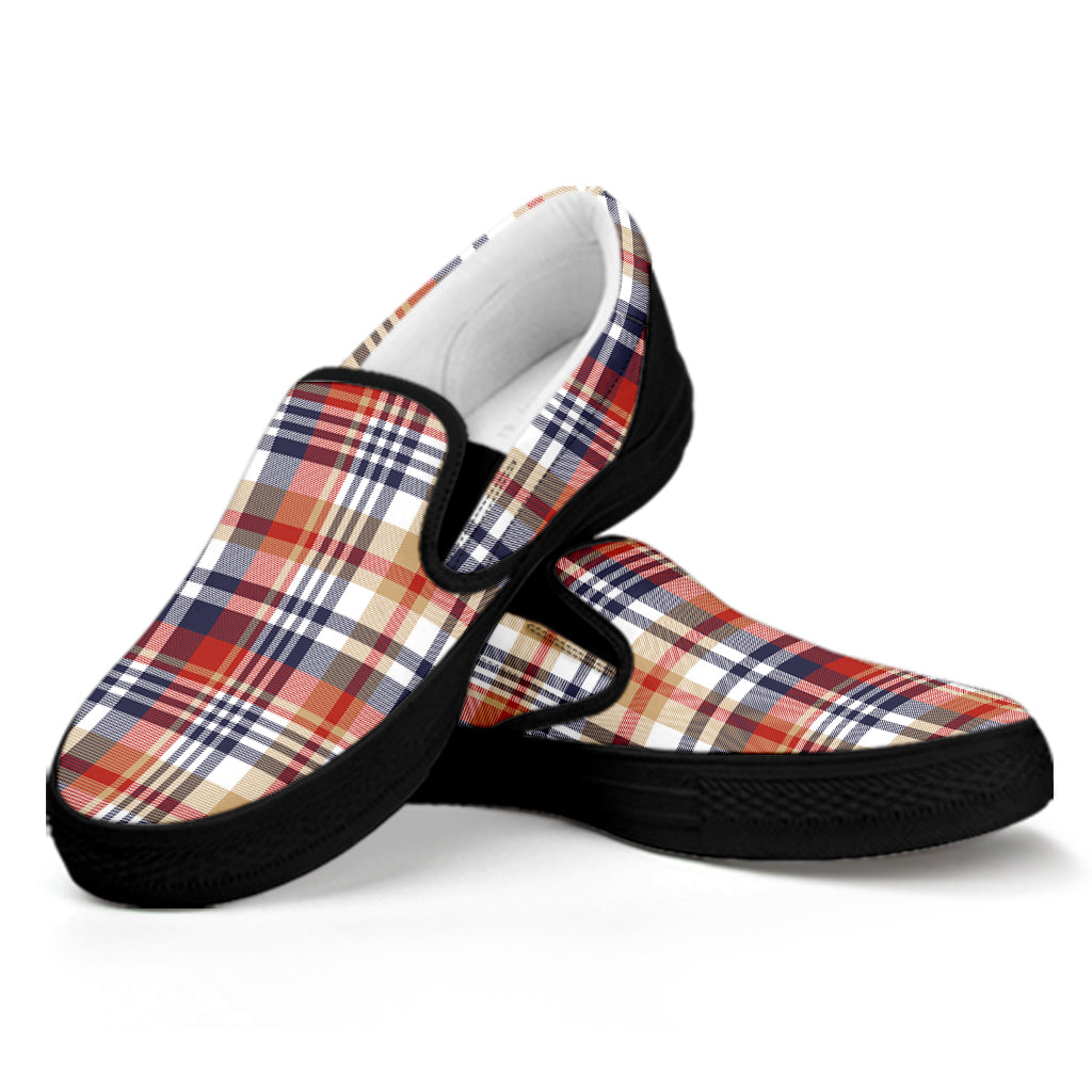 Red Blue And Beige Madras Plaid Print Black Slip On Shoes