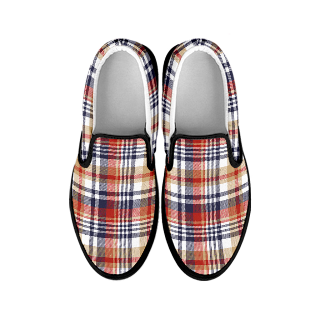 Red Blue And Beige Madras Plaid Print Black Slip On Shoes