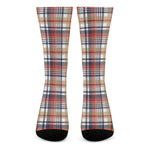 Red Blue And Beige Madras Plaid Print Crew Socks
