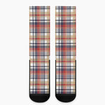 Red Blue And Beige Madras Plaid Print Crew Socks