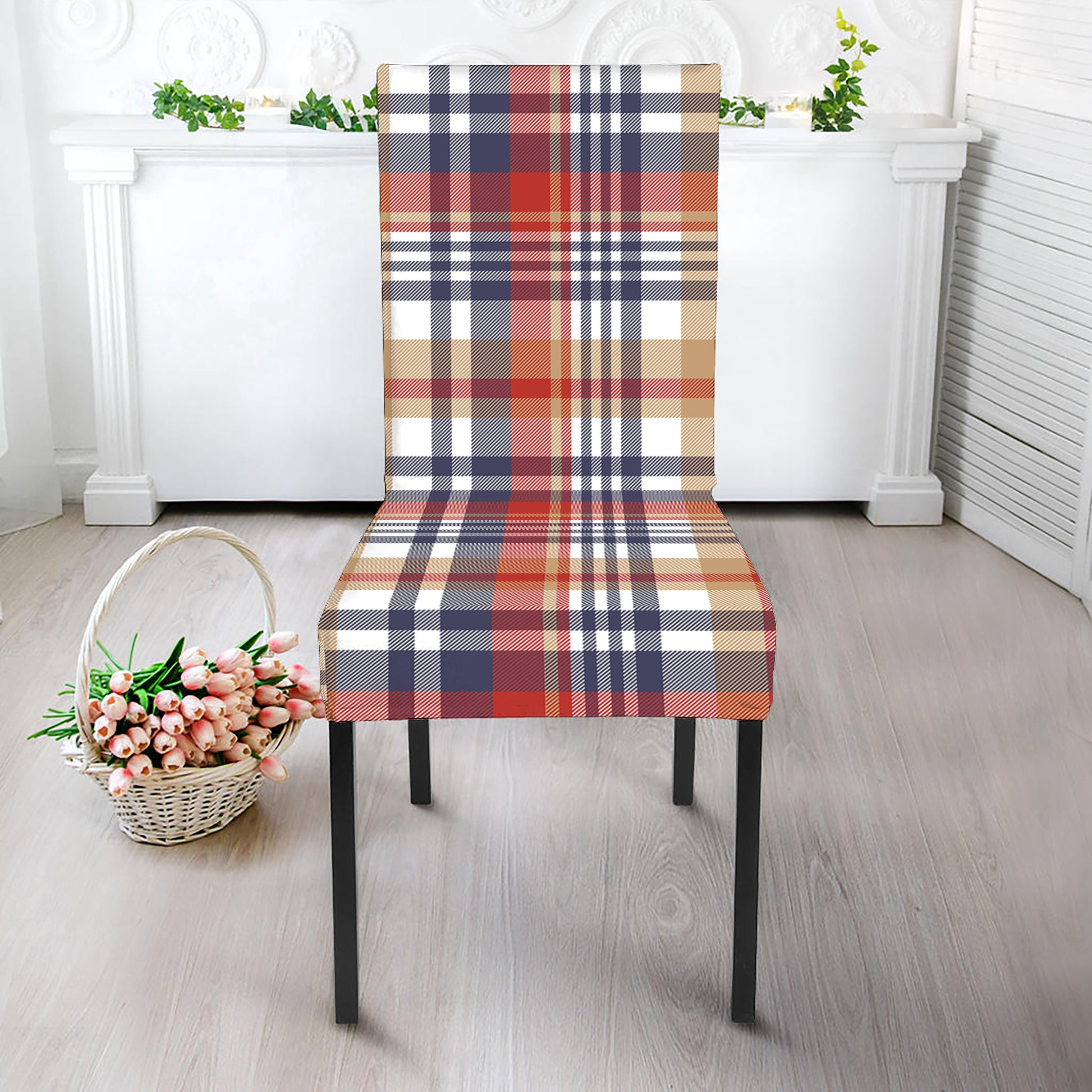 Red Blue And Beige Madras Plaid Print Dining Chair Slipcover