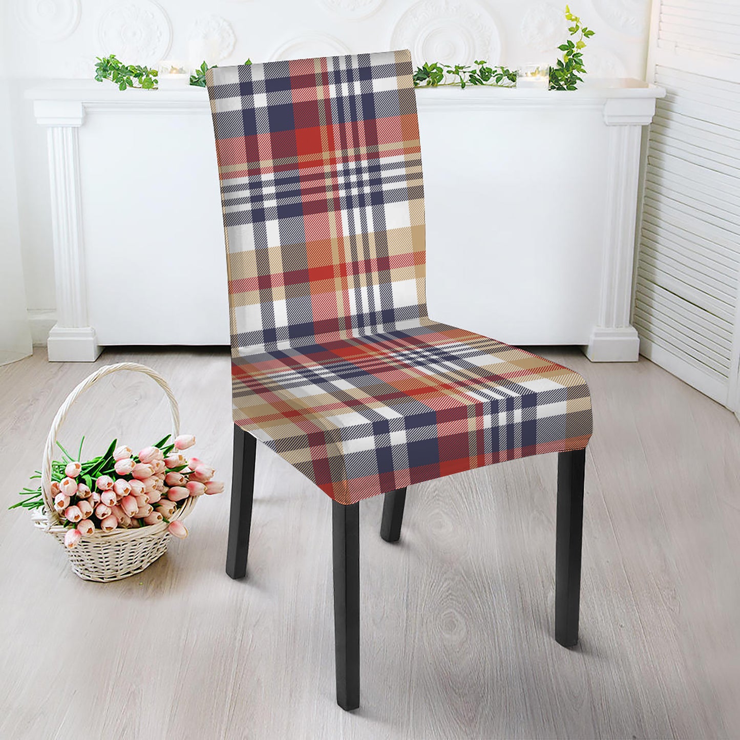 Red Blue And Beige Madras Plaid Print Dining Chair Slipcover