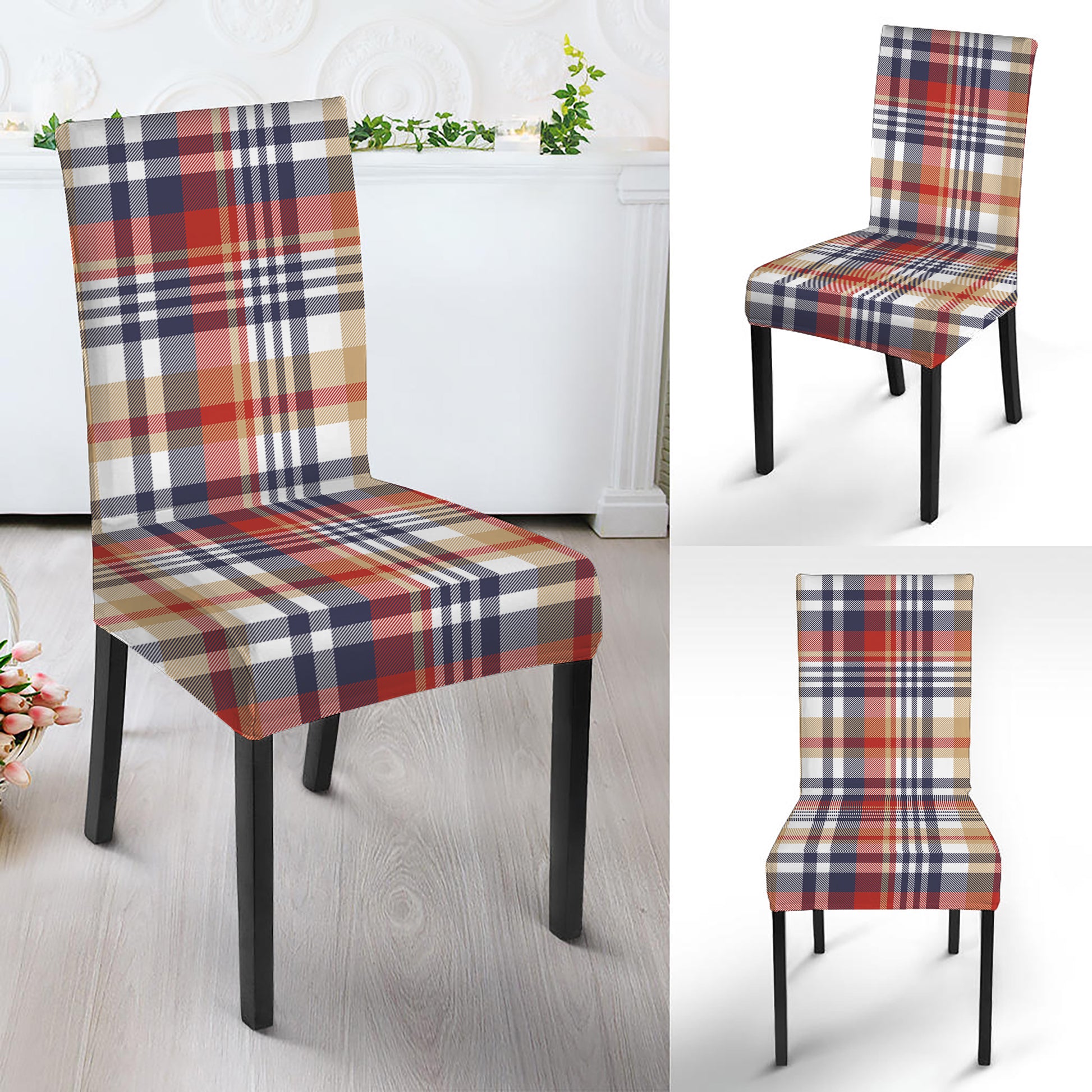 Red Blue And Beige Madras Plaid Print Dining Chair Slipcover