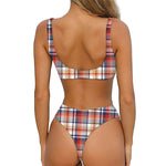 Red Blue And Beige Madras Plaid Print Front Bow Tie Bikini