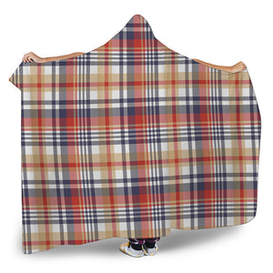 Red Blue And Beige Madras Plaid Print Hooded Blanket