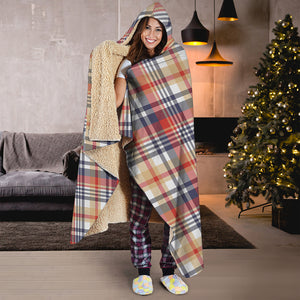 Red Blue And Beige Madras Plaid Print Hooded Blanket