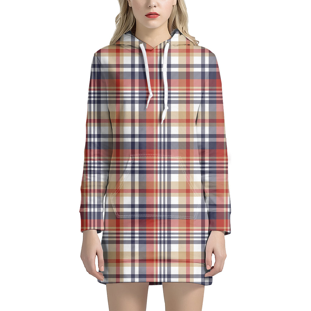 Red Blue And Beige Madras Plaid Print Hoodie Dress