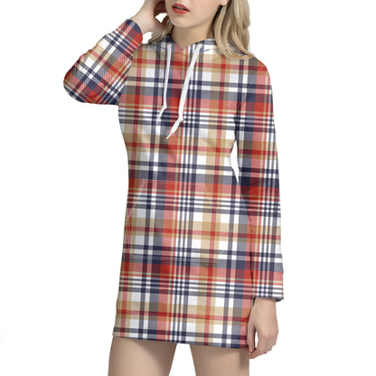 Red Blue And Beige Madras Plaid Print Hoodie Dress