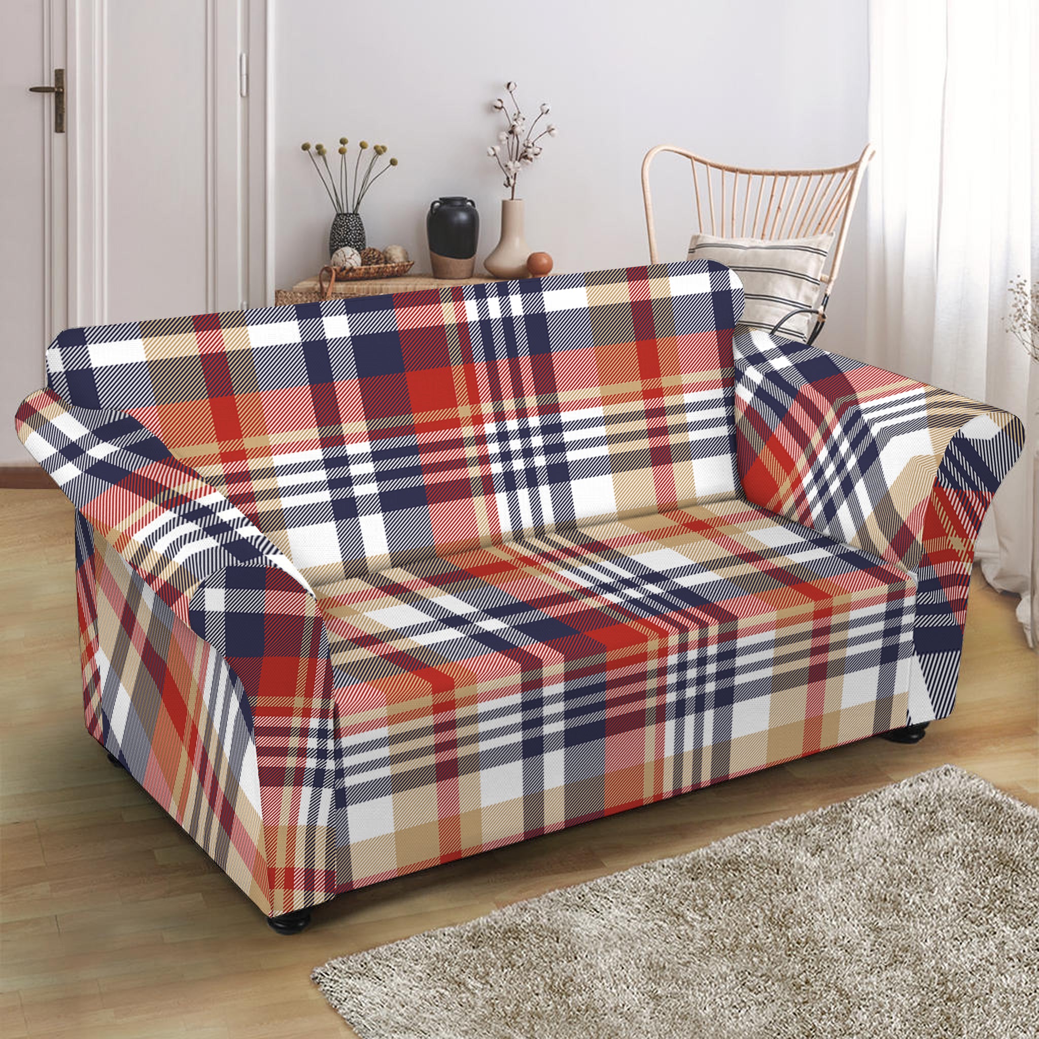 Red Blue And Beige Madras Plaid Print Loveseat Slipcover