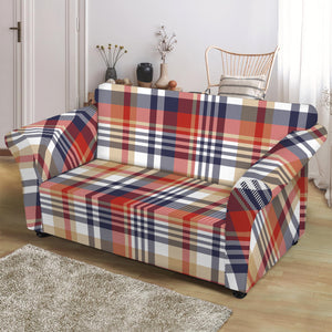 Red Blue And Beige Madras Plaid Print Loveseat Slipcover