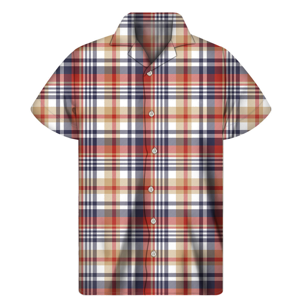 Red Blue And Beige Madras Plaid Print Men's Short Sleeve Shirt