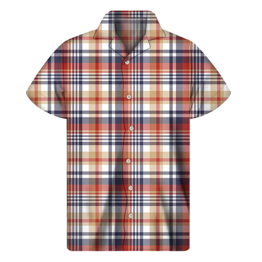 Red Blue And Beige Madras Plaid Print Men's Short Sleeve Shirt