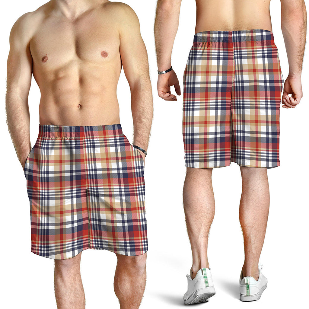 Red Blue And Beige Madras Plaid Print Men's Shorts