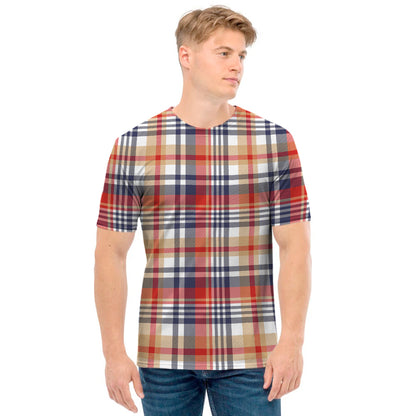 Red Blue And Beige Madras Plaid Print Men's T-Shirt