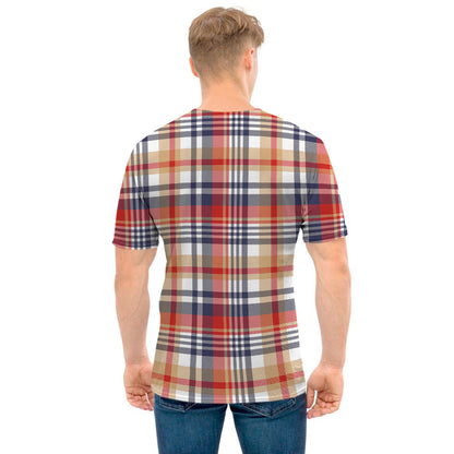 Red Blue And Beige Madras Plaid Print Men's T-Shirt
