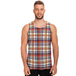 Red Blue And Beige Madras Plaid Print Men's Tank Top