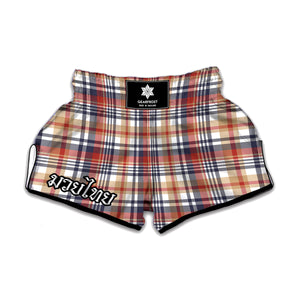 Red Blue And Beige Madras Plaid Print Muay Thai Boxing Shorts