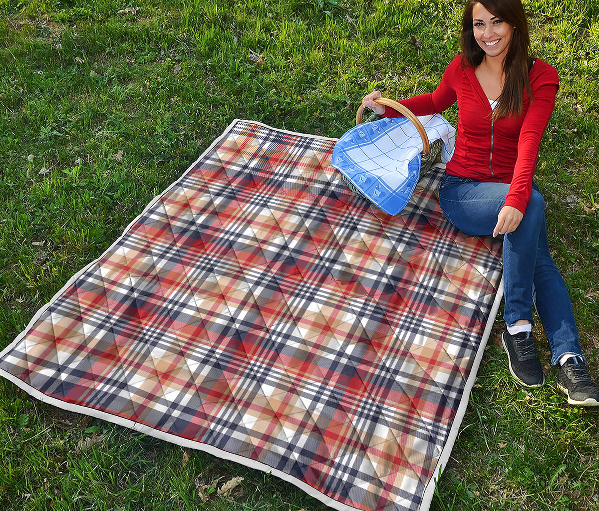 Red Blue And Beige Madras Plaid Print Quilt