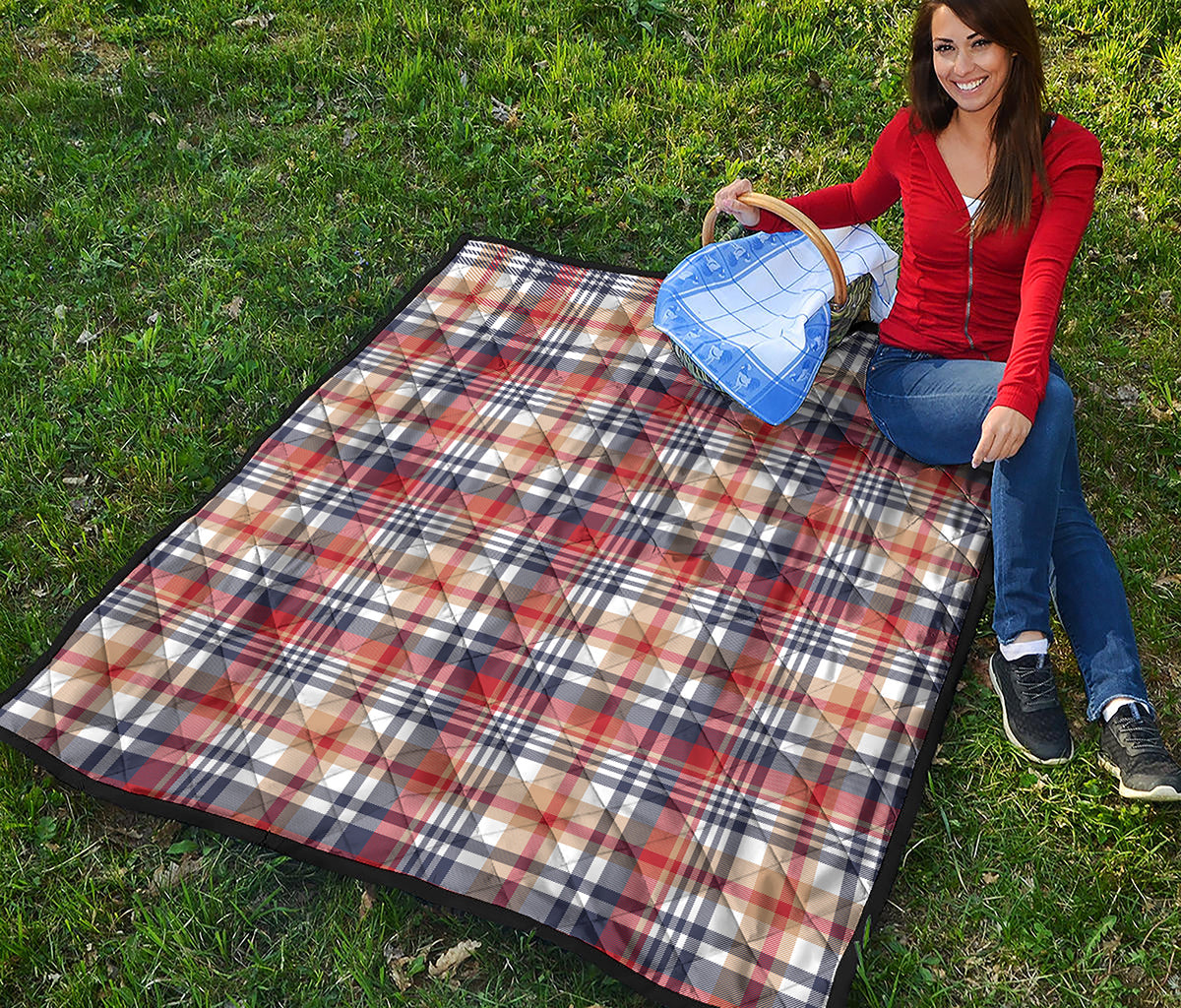 Red Blue And Beige Madras Plaid Print Quilt