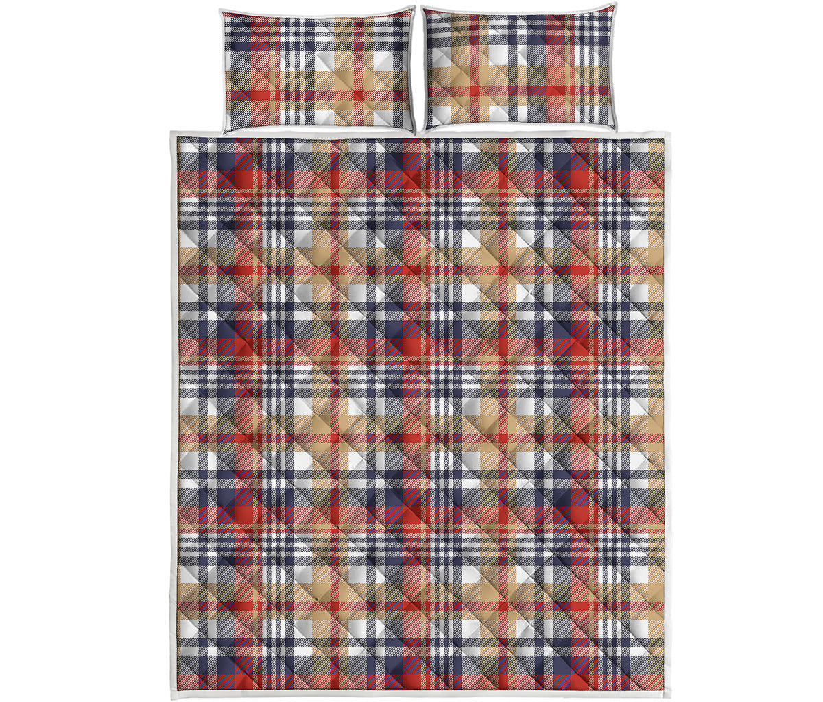 Red Blue And Beige Madras Plaid Print Quilt Bed Set