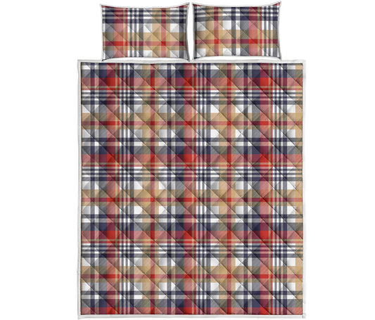 Red Blue And Beige Madras Plaid Print Quilt Bed Set